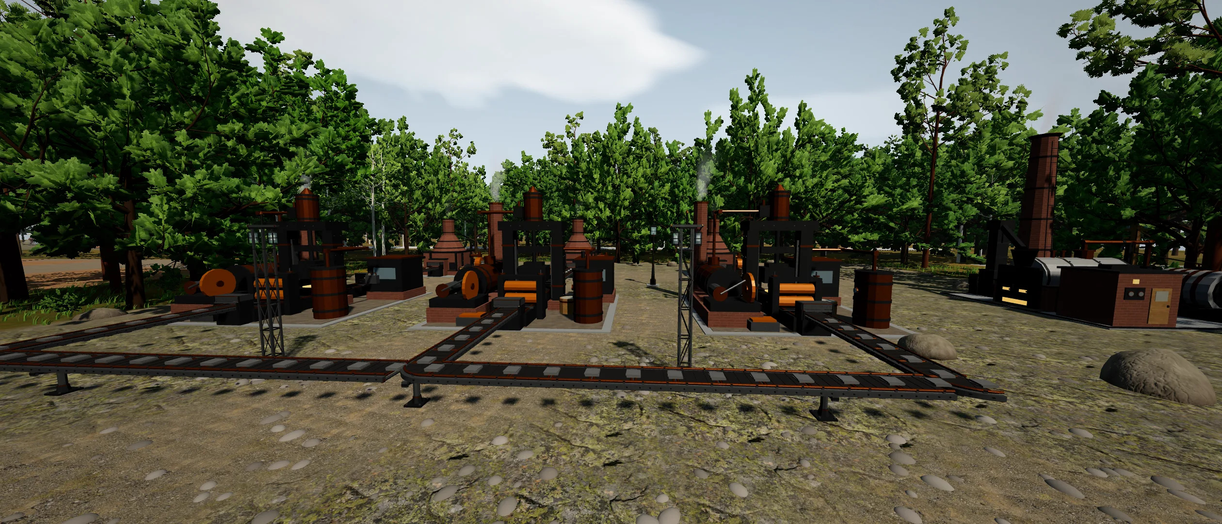 An Orebound factory floor: Fabricators and smoking Kilns joined by belts on legs, a Steam Stack beside them