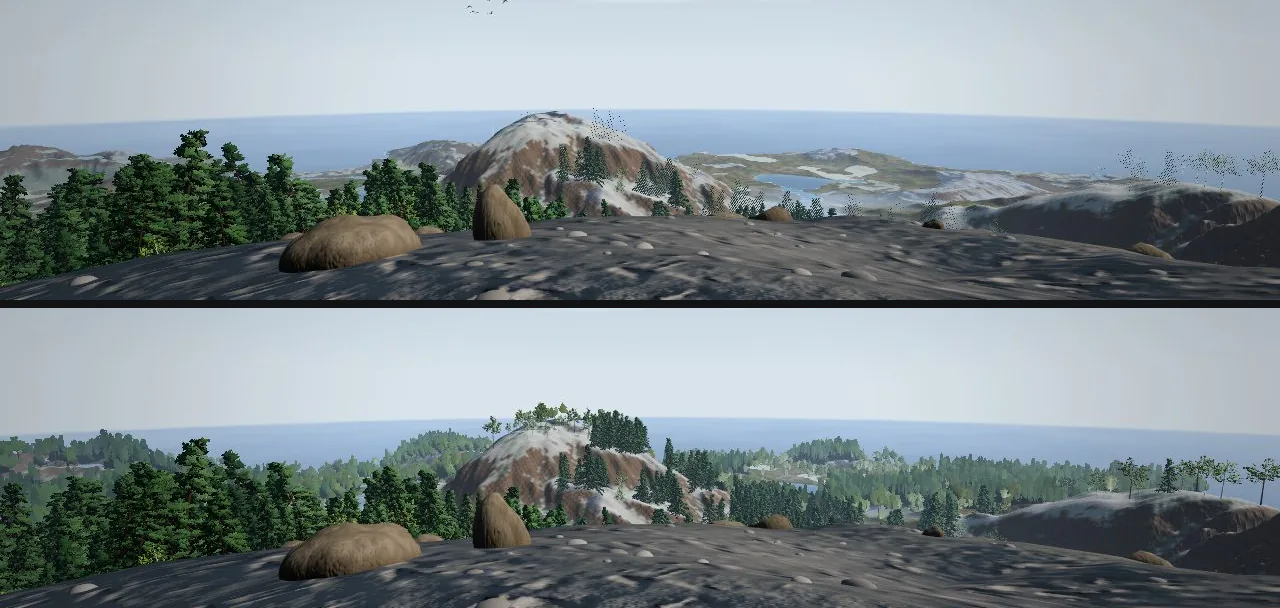 The view from the island's top towards the coast: on top, the far hills bare; below, the same hills forested down to the shore.