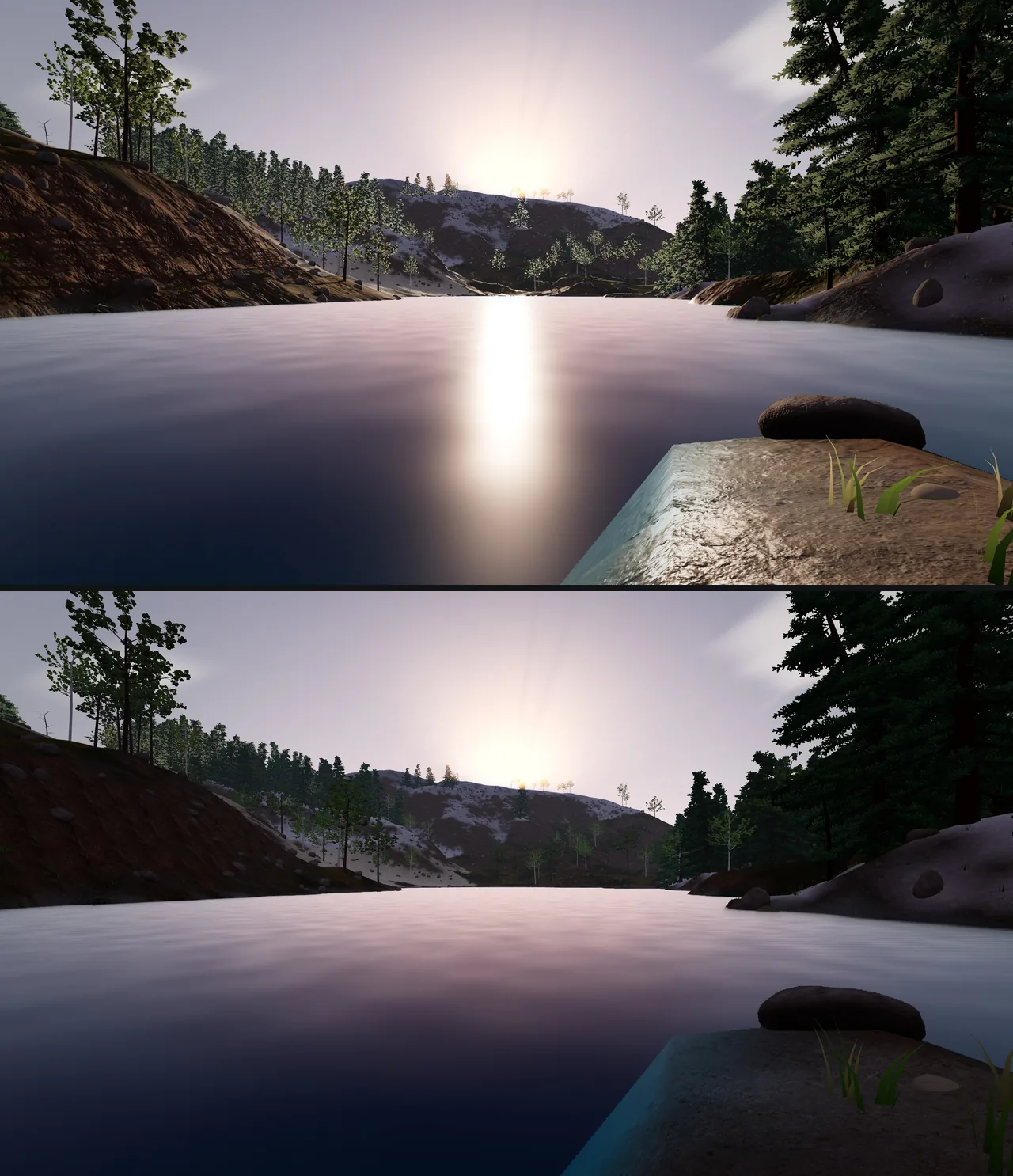 A lake at sunset with the sun hidden behind a forested ridge: on top, a bright sun streak across the water; below, the lake in the ridge's shade.