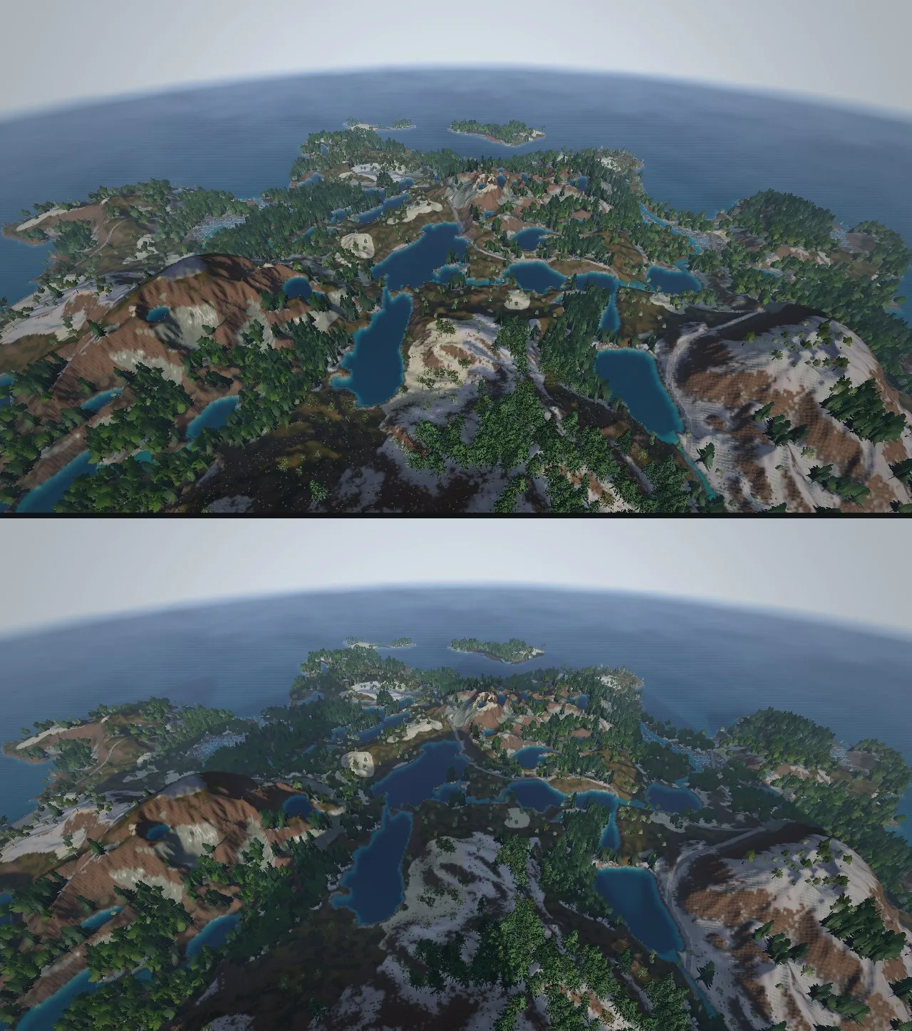 Two views of the island from 450 meters up in the late afternoon, looking away from the sun: the top one evenly lit, the bottom one with the valleys and their lakes in the shade of the mountains.