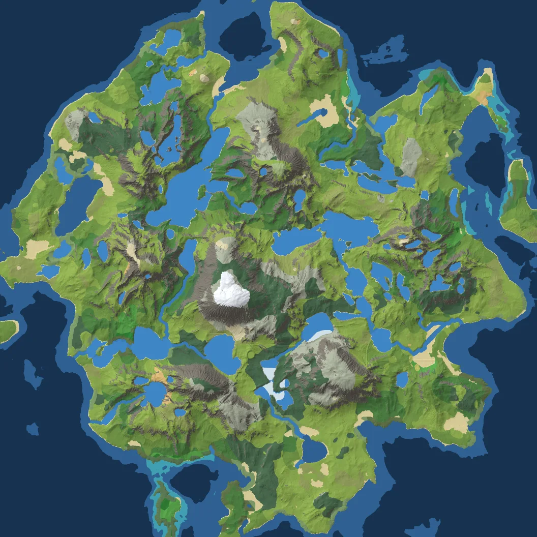 The island coloured by biome over the relief: greens of grassland and forest, grey and brown mountains, a white snowcap in the middle, sand-coloured beaches, blue lakes.