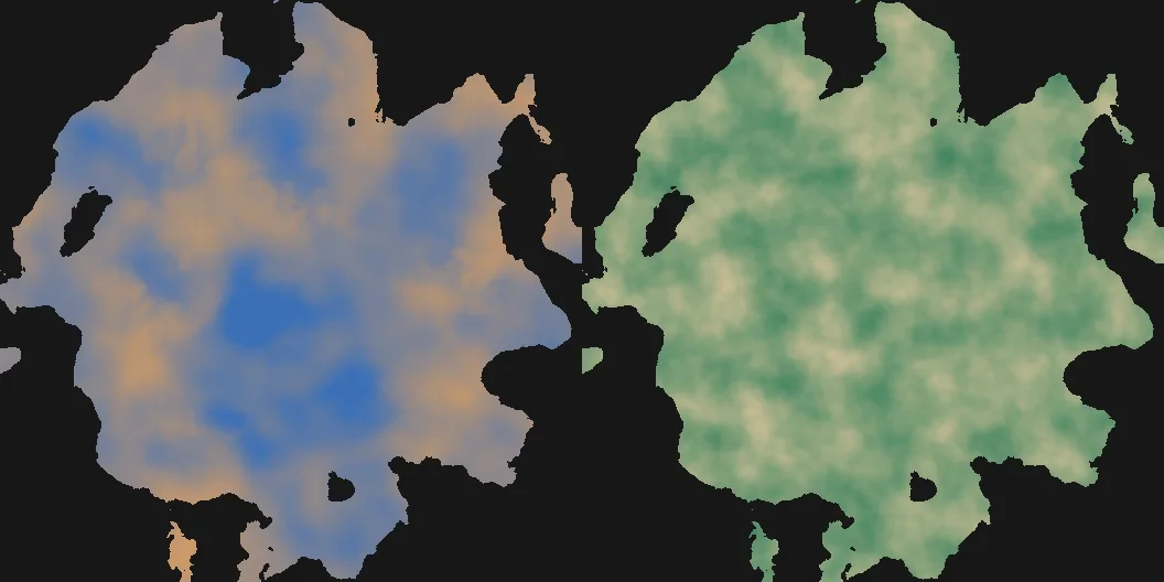 Two panels side by side: on the left a temperature map, blue in the mountains and orange on the coasts; on the right a moisture map in patches of sand and green.