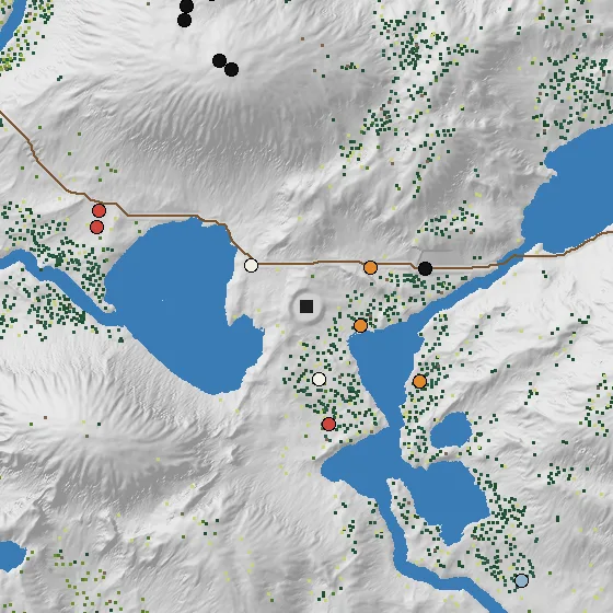A close-up around the Depot: lakes and a river, a road running east to west, coloured circles for nodes, and a sprinkling of small green and yellow dots in clumps on the lower slopes.