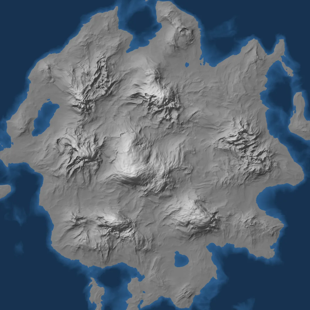A grey relief map of the island straight from the noise: soft, rounded mountains with rough patches, no lakes, smooth coastline.