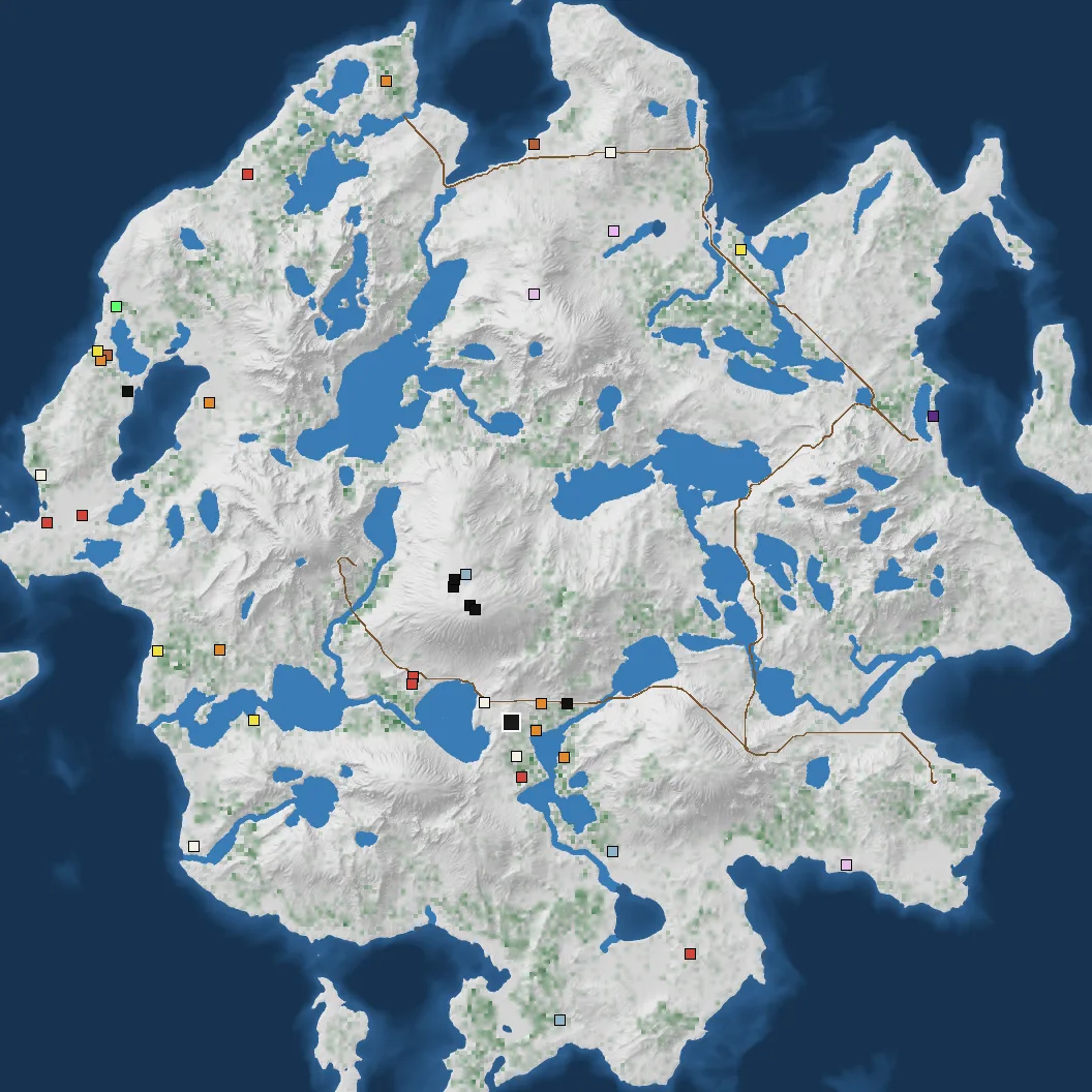 The finished island seen from above: grey hillshade, blue lakes and rivers, green forest density, brown roads and small coloured squares marking resource nodes.