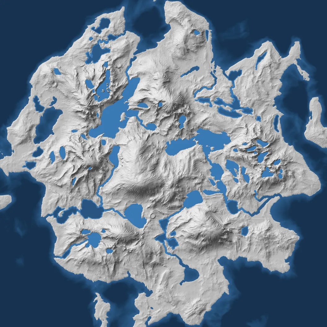 The same island after shaping: sharper ridges, gullies on the slopes, lakes now visible in the basins.