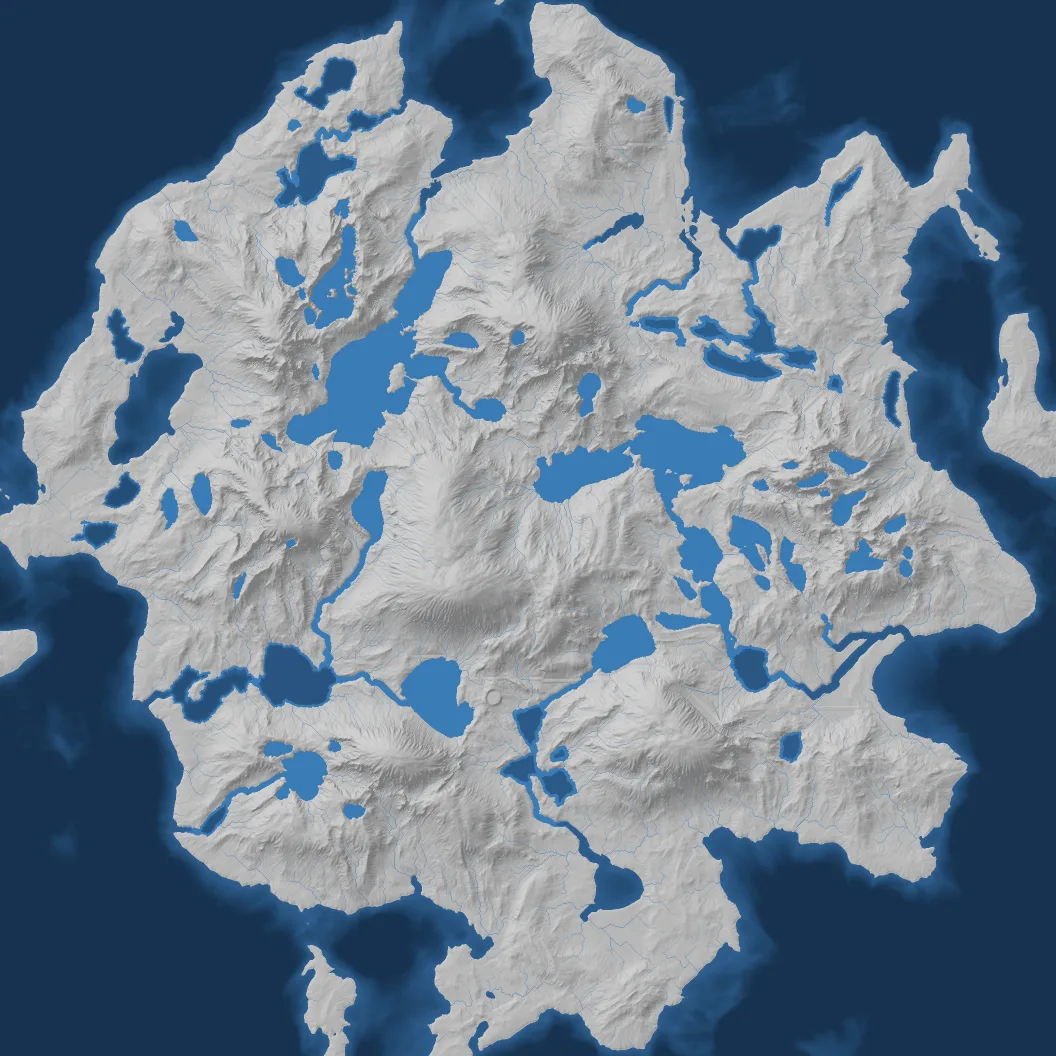 A pale relief map with a fine network of thin blue lines branching down every valley, joining into thicker rivers that feed the lakes and reach the sea.