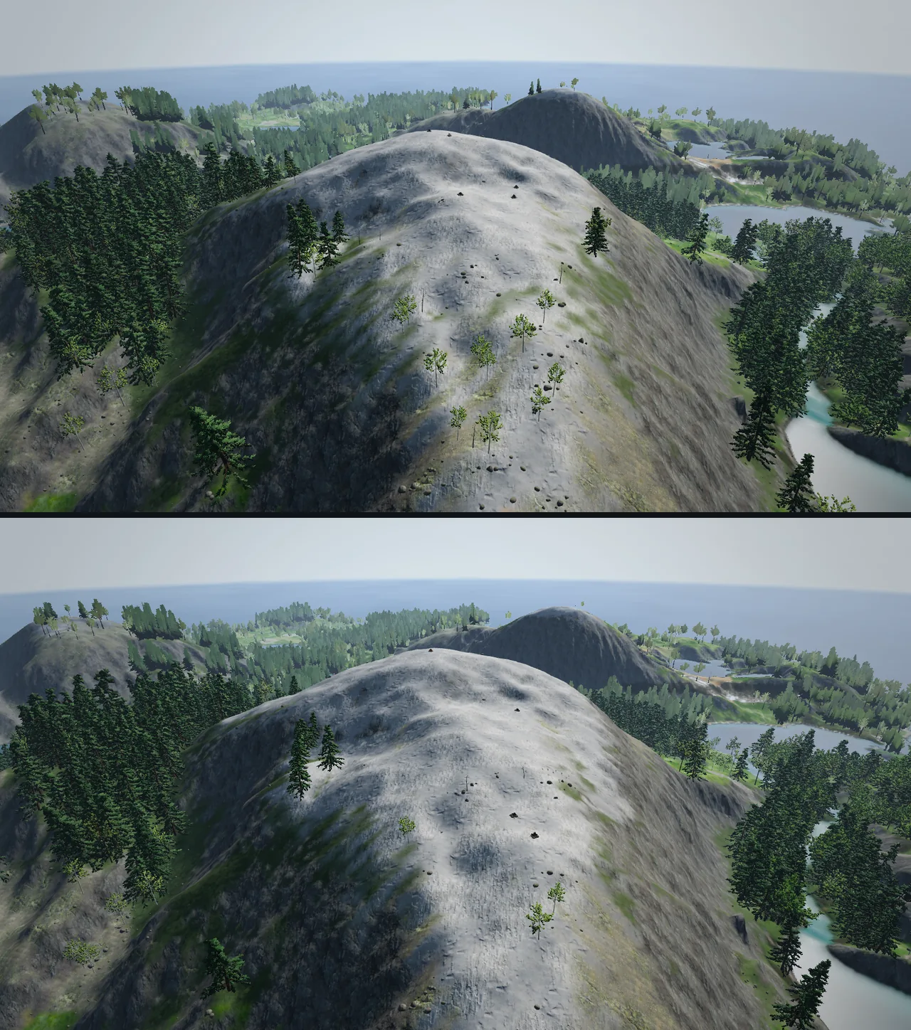The summit of a grey mountain seen from the air: on top, small trees scattered across its bare north face below the snow; below, the snow reaching down that face and only two or three of the trees left.