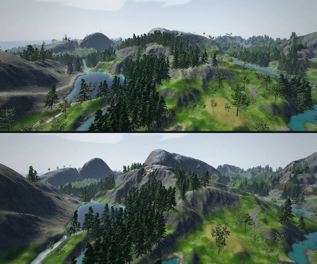 A view west across forested hills, lakes and grey mountains: on top, the island as it is today; below, the same view with the hills and peaks rising higher, more of them bare rock.