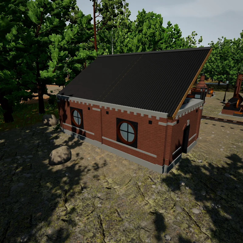 A small brick shed under a corrugated roof panel