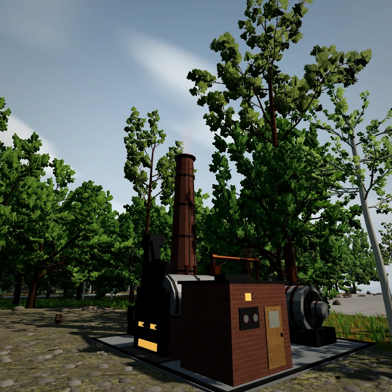 A Steam Stack: a brick boiler house with its firebox glowing and smoke rising from the chimney