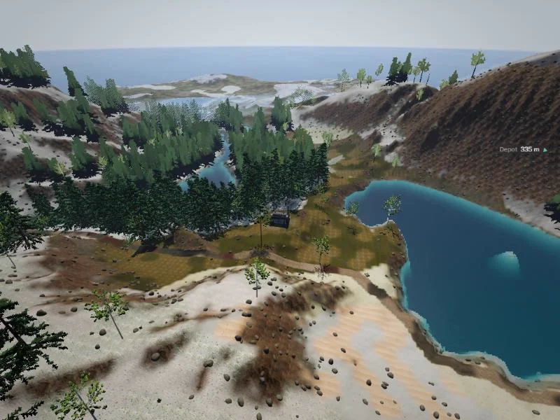 A high view over a lake and a pine forest on a fair day, the far hills fading to a cool haze.
