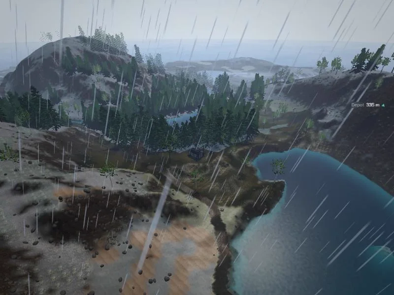The same view in a storm: grey sky, rain streaks leaning with the wind, the ground dark and glossy.