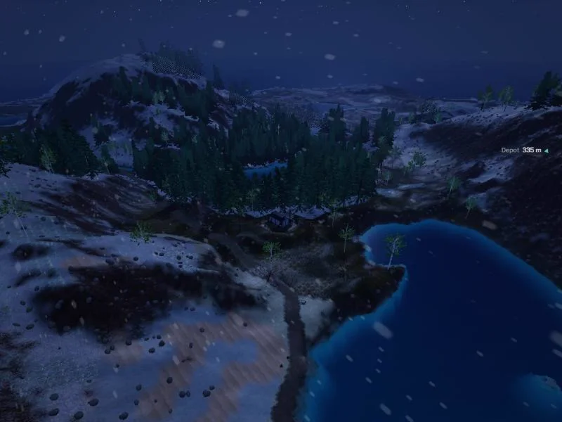 The same view at night in a storm, snow drifting through the dark over a pale slope.